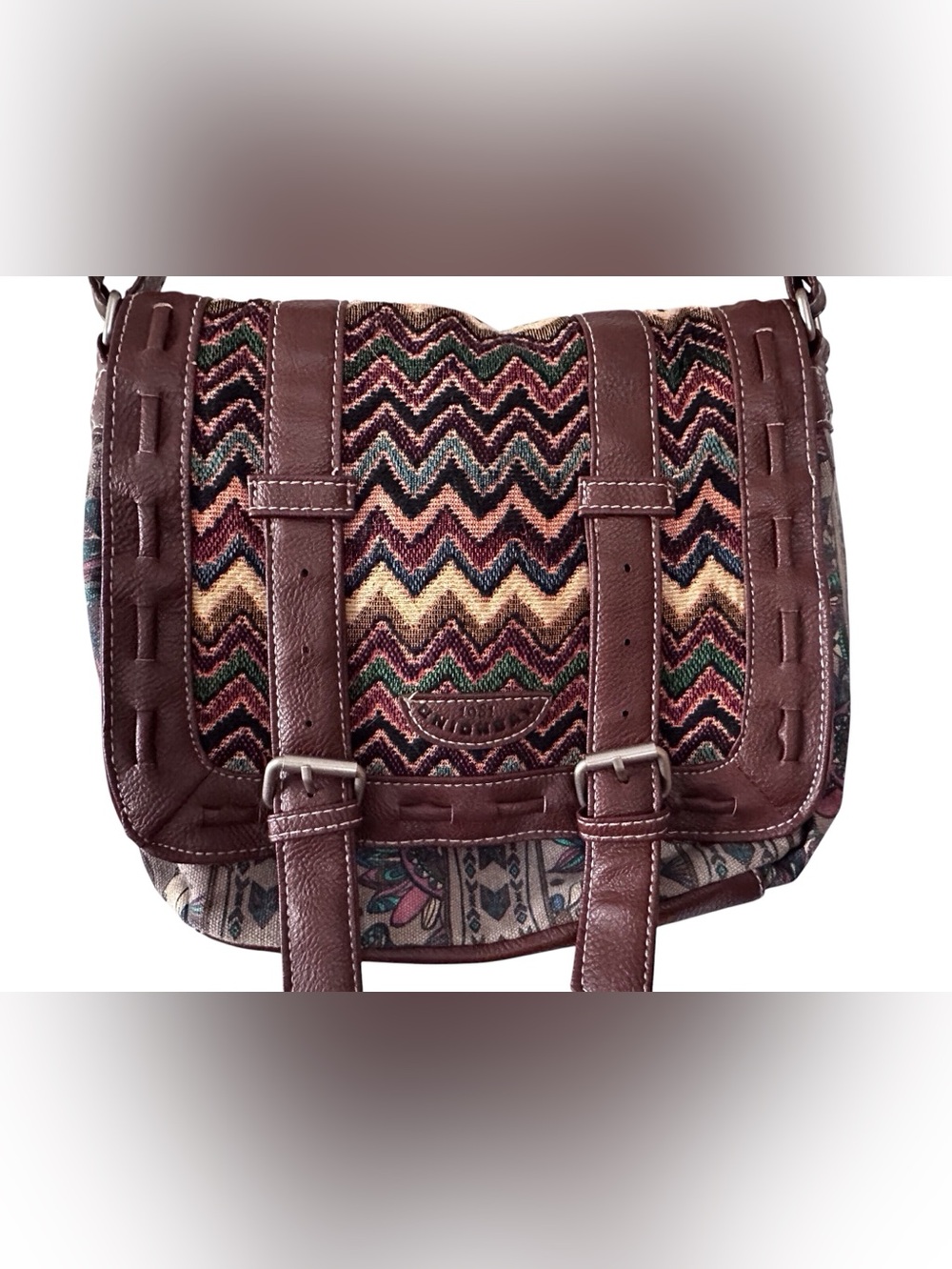 Stylish Multicolor Chevron Messenger Bag with Brown Leather Trim